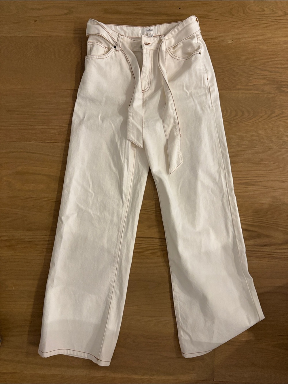 ba&sh Cream Wide-Leg Jeans with Waist Tie